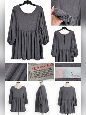FP Beach Women’s XL Oversized Babydoll Mini Dress Gray Boho Long Sleeve